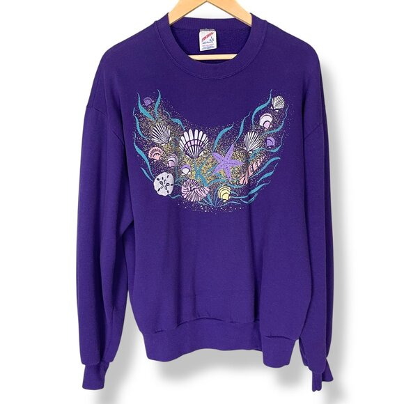 Vintage 90s Sweatshirt‎ Seashells Glitter Gold Ocean Women Size Large Purple Top - Picture 1 of 12